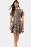 Yazlık Kısa Kollu Çok Leopar Desenli Denim Mini Elbise Fırfırlı Premium Kalite