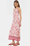 Rahat Viskoz Maxi Elbise Çiçek Desenli A Kesim Halter Yaka Yazlık Seçkin Malzeme