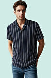 Erkek Yazlık Bürümcük Dokuma Çizgili Gömlek Apaş Yaka Kısa Kollu Rahat Kalıp Günlük Kullanım