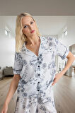 Rahat Viskoz Pijama Takımı Çiçekli Desen Şortlu Dokuma Kumaş Konforlu Kesim Modern Stil