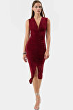 Rahat Ve Şık Bodycon Midi Elbise Örme Kumaş V Yaka Büzgü Detaylar 120 cm Boy
