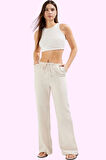 Kadın Regular Pantolon Geniş Paça Wide Leg Keten Görünümlü Dokuma Casual Dayanıklı Malzeme