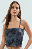 Astarlı Tül Örme Kolsuz Crop Bluz Çiçek Desenli Fitted Rahat Kullanım