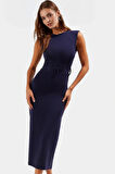 Yazlık Triko Midi Elbise Bodycon Kesim Bisiklet Yaka Kemer Detayı Uzun Ömürlü