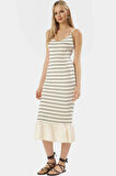 Rahat V Yaka Çizgili Triko Midi Elbise Günlük Yaz Stilleri İçin Polyester Kaliteli İşçilik