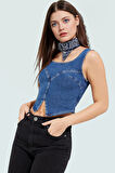Denim Crop Bluz Fitted Kalıp Kare Yaka Yazlık Özel Tasarım Modern Stil Şık Görünüm