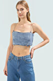 Taş Detaylı Denim Super Crop Bluz Yaz Partileri İçin Trend Tasarım Yüksek Kalite