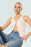 Fitted Crop Bluz Renk Poliviskon Kaşkorse V Yaka Yarım Pat Düğme Seçkin Malzeme