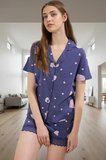 Pamuklu Örme Pijama Takımı Kalpli Desen Kısa Kollu Gömlek Yaka Şık Görünüm Özenle Seçilmiş