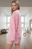 Rahat Viskon Pijama Takımı Bağlamalı Uzun Kollu Şortlu Homewear Kullanım