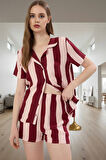 Rahat Viskoz Pijama Takımı Çizgili Shally Dokuma Yazlık Modern Stil Dayanıklı Malzeme