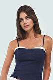 İnce Askılı Denim Crop Bluz Fitted Kalıp Kalp Yaka Stretch Yazlık Şık Görünüm Özel Tasarım