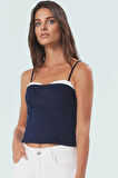 İnce Askılı Denim Crop Bluz Fitted Kalıp Kalp Yaka Stretch Yazlık Şık Görünüm Özel Tasarım