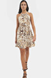 Viskoz Animal Desenli A Line Mini Elbise Rahat Yazlık Profesyonel Görünüm Seçkin Malzeme