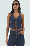 Denim Crop Bluz Halter Yaka Fitted 100 Pamuk Yazlık Dayanıklı Malzeme Yüksek Kalite