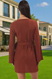 Şık Kadın Mini Elbise Krep Kumaş Uzun Kollu V Yaka Bağlamalı Seçkin Malzeme Konforlu Kesim