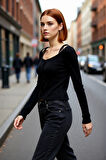 Kadın Fitted Düşük Kol Uzun Kollu Kayık Yaka Crop İnce Triko Hırka Siyah Modern Basic Şık Kombinler