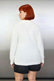 Kadınlara Özel Regular Kesim Ekru Trok Detaylı Düşük Kollu Bisiklet Yaka Orta Kalın Triko Kazak