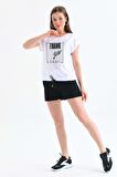 Taşlı ve Baskılı Siyah Şortlu Beyaz Kadın Eşofman