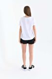 Kısa Kollu Taşlı ve Baskılı Siyah Şortlu Beyaz Kadın Eşofman