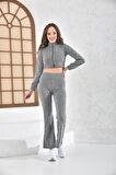Balıkçı Yaka Fermuarlı Geniş Paça Kaşkorse Gri Kadın Eşofman Takım