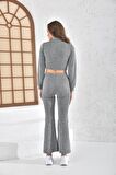 Balıkçı Yaka Fermuarlı Geniş Paça Kaşkorse Gri Kadın Eşofman Takım