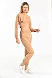 Belden Lastikli Uzun Kollu Şardonlu Bej Kadın Eşofman Takım