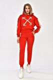 Baskılı ve Yandan Şeritli Kapüşonlu Kırmızı Kadın Eşofman Takım