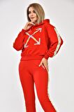 Baskılı ve Yandan Şeritli Kapüşonlu Kırmızı Kadın Eşofman Takım