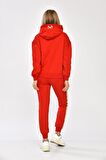 Baskılı ve Yandan Şeritli Kapüşonlu Kırmızı Kadın Eşofman Takım