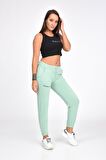 Atletli Beli ve Paçası Lastikli Nakışlı Mint Yeşili Kadın Eşofman