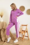Bisiklet Yaka Yandan Şeritli Lila Alt Üst Kadın Eşofman Takım