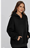 KADIN KANGURU CEPLİ OWERSİZE 3 İPLİK ŞARDONLU KAPÜŞONLU SWEATSHIRT