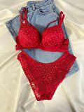 Kadın Dantelli İp Detaylı Taşlı Balenli Destekli Dolgulu Push Up Sütyen Takımı Iç Çamaşırı Takımı