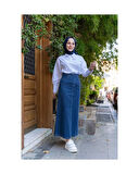 Doğal Kumaşlı Kontrast Dikişli Kot Etek İndigo-164