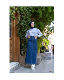 Doğal Kumaşlı Kontrast Dikişli Kot Etek İndigo-164