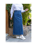 Doğal Kumaşlı Kontrast Dikişli Kot Etek İndigo-164