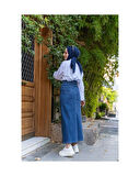 Doğal Kumaşlı Kontrast Dikişli Kot Etek İndigo-164