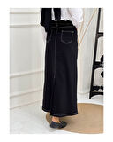 Doğal Kumaşlı Kontrast Dikişli Kot Etek Siyah