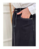 Doğal Kumaşlı Kontrast Dikişli Kot Etek Siyah