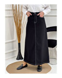 Doğal Kumaşlı Kontrast Dikişli Kot Etek Siyah