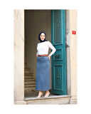 Doğal Kumaşlı Kemerli Kot Etek MAVİ