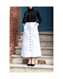 Boydan Düğmeli Gabardin Etek Beyaz-149