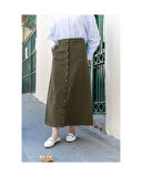 Boydan Düğmeli Gabardin Etek Haki-161