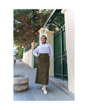 Boydan Düğmeli Gabardin Etek Haki-161