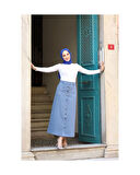 Boydan Düğmeli Gabardin Etek İndigo-617