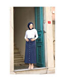 Boydan Düğmeli Gabardin Etek Lacivert-152