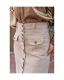 Boydan Düğmeli Körük Cepli Tesettür Etek Antik Ekru-635