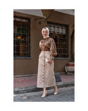 Boydan Düğmeli Körük Cepli Tesettür Etek Antik Ekru-635