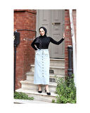 Boydan Düğmeli Körük Cepli Tesettür Etek Antik Tozlu Mavi-632